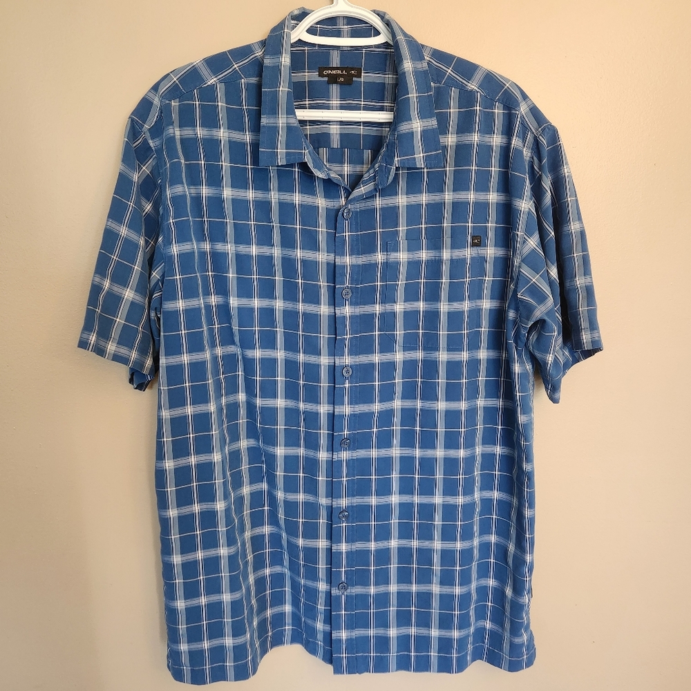O'Neill Mens Large Short Sleeve Button Up Shirt Blue Plaid